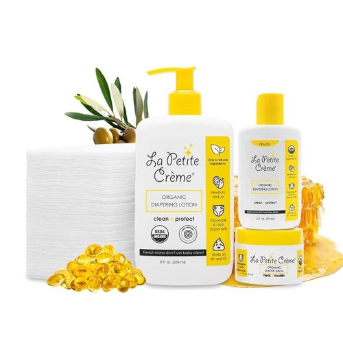 All-Natural French Baby Essentials: Includes Organic Diapering Lotion (8 oz), Travel-size Liniment Baby Lotion (2 oz), 1 Travel-size Diaper Balm (1 oz), 50 Disposable Cotton Pads - Gift Set