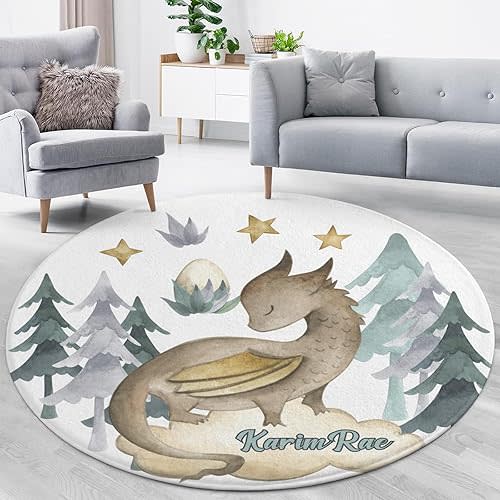 Personalized Watercolor Dragon Art Custom Round Area Rug Baby Crawling Floor Mats Gifts for Boys Girls Babies with Names Nursery Bedroom Living Room Decor 47.2x47.2Inch