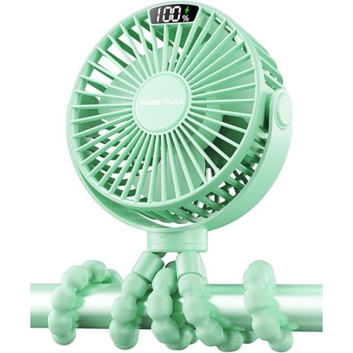 SWEETFULL Portable Stroller Fan with Display 4000mAh Battery Powered Mini Clip On Fan, 4-Speed Rechargeable Small Personal Cooling for Baby Car Seat Crib Travel - Green