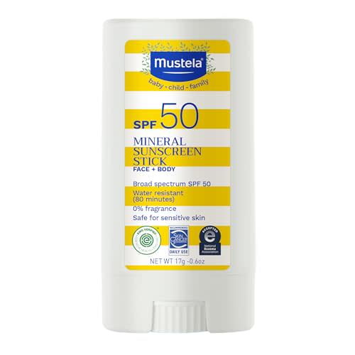 Mustela Baby Mineral Sunscreen Stick SPF 50 Broad Spectrum - Face & Body Sun Stick with 70% Organic Ingredients - Ultra Sheer, Water Resistant & Fragrance-Free - 0.6 oz (Pack of 1)