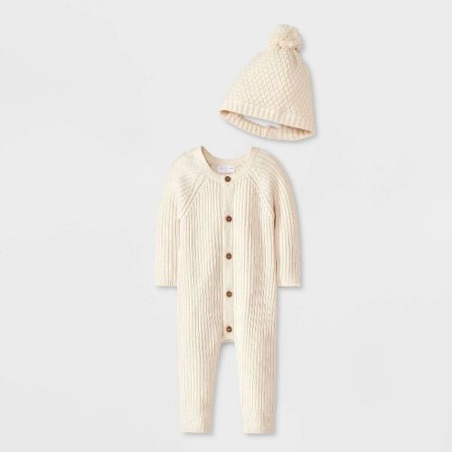 Grayson Mini Baby Button-front Romper With Hat - Cream Newborn
