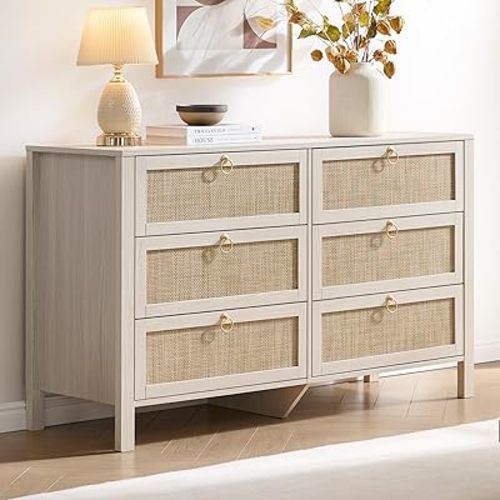 SICOTAS Rattan 6 Drawer Dresser for Bedroom : 51" White Dresser Chest of Drawers Cabinet for Closet with Larger Storage, Boho Farmhouse Wide Tall Dressers TV Stand for Living Room, Hallway