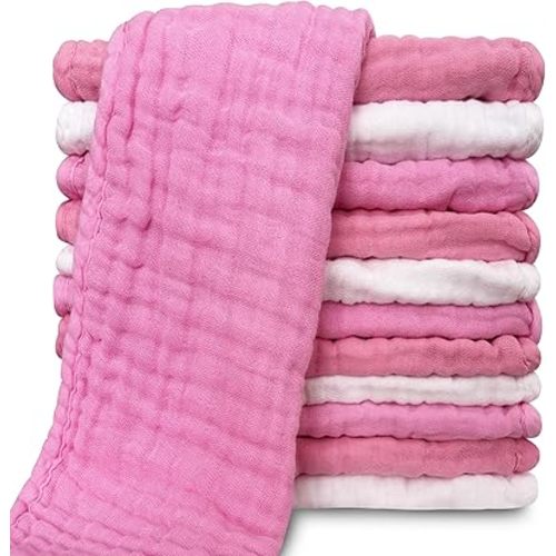 Muslin Burp Cloths for Baby 100% Cotton Burping Cloths for Unisex, Boy, Girl - Large 20'' by 10'' Newborn Essentials Ultra Soft Absorbent Milk Spit Up Rags - 12 Pack - White+Deep Sakura Series