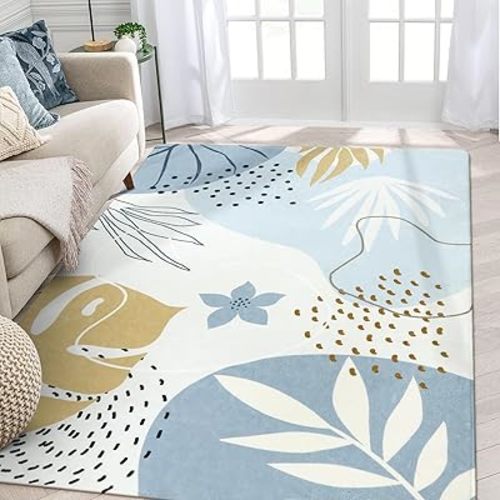 Lahome Boho Blue Living Room Carpet - Washable Area Rugs 4x6 Non-Slip Ultra-Thin Soft Bedroom Rugs Nursery Kids Room, Botanical Print Indoor Modern Floral Carpet Rug for Classroom Laundry Room Office
