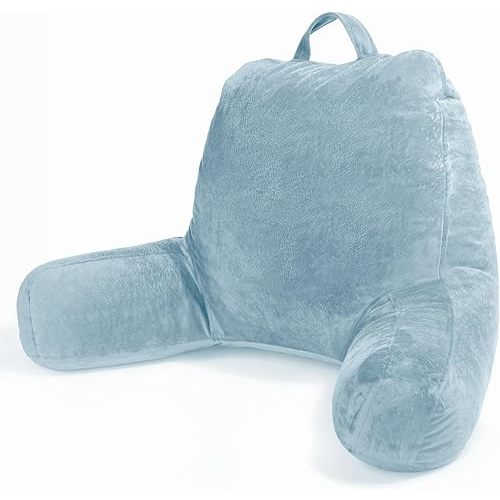 Sasttie Reading Pillow, Velvet Back Pillow for Bed Sitting Up, Adult Back-Rest Support Cushion with Arms for Sit Up on Couch, Sofa, and Floor, Dorm Essentials, Reading Accessories, Dusty Blue