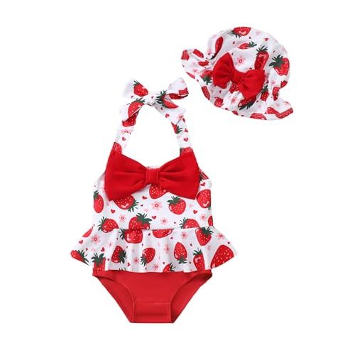 Kucnuzki Baby Girl Swimsuit Newborn One Piece Bathing Suit Bow Tie Bikini Tankini Infant Swimwear with Hat