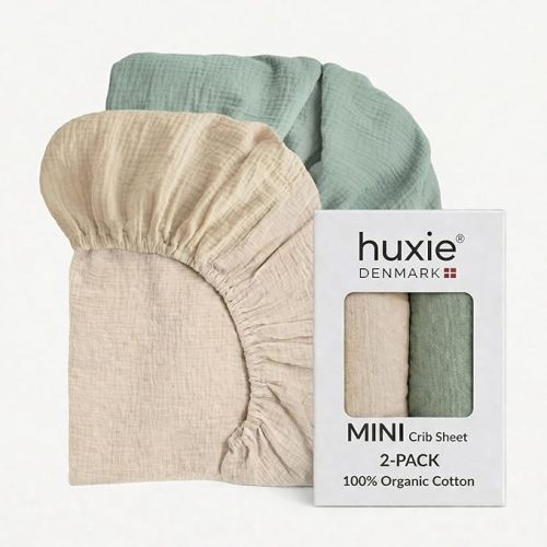 Mini Crib Sheets - Organic Cotton Muslin Fitted MINI Crib Sheet for Pack and Play - Ultra-Soft and Breathable for Boys and Girls 2-Pack (MINI Fog/Roman Green)