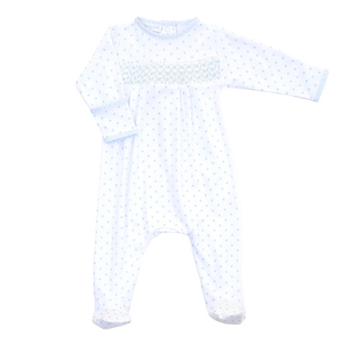 Magnolia Baby Gingham Dots Smocked Footie in Light Blue
