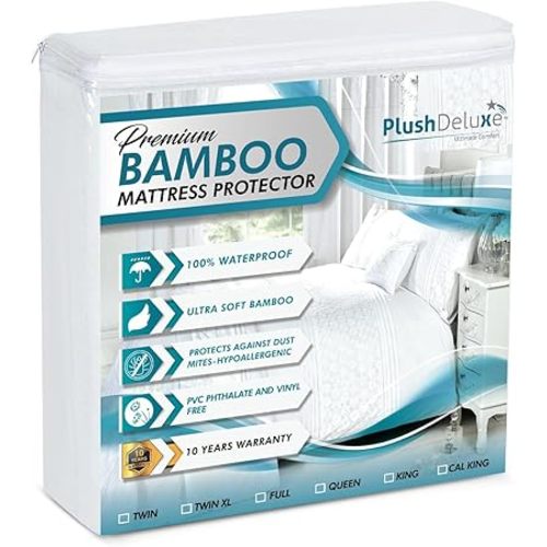 PlushDeluxe Premium Bamboo Mattress Protector – King Size, Waterproof, & Ultra Soft Breathable Noiseless Washable Bed Mattress Cover for Comfort & Protection - White
