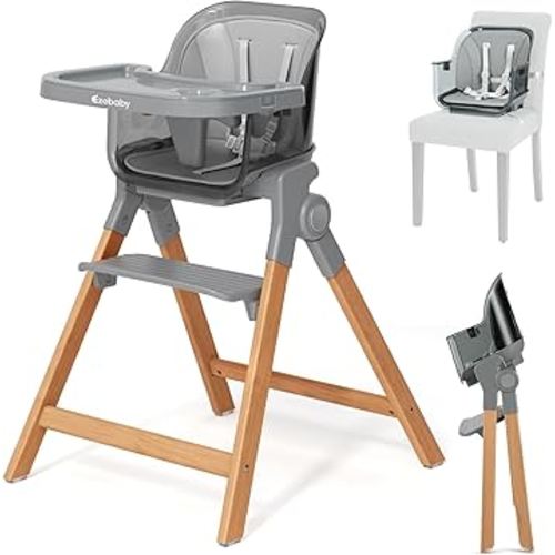 Ezebaby Foldable Wooden High Chairs, 3-in-1 Convertible Baby High Chair, Dining Booster Seat, Toddler Chair, Easy Clean High Chairs for Babies and Toddlers with Large Adjustable Tray- Transparent Gray