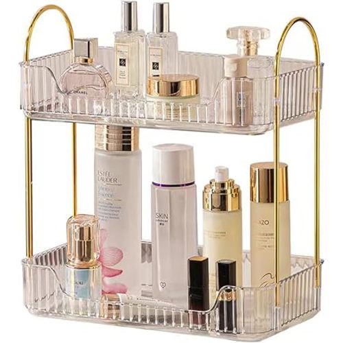shuang qing 2 Tier Bathroom Counter Organizer Countertop Storage, Cosmetics Skincare Shelf Organizer, Makeup Organizer Perfume for Dresser Vanity Tray, Spice Rack Organizer for Kitchen - Clear