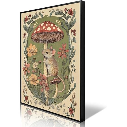 Nursery Animal Canvas Wall Art, Mouse and Toadstool Poster, Rustic Mushroom Mouse Painting, Cozy Folk Art Prints, Countryside Botanical Floral Painting for Kids Room 12x16in Unframed