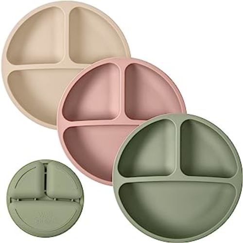 WeeSprout Silicone Plates for Babies & Toddlers (3 Pack) 100% Food-Grade Dishes for Self Feeding, Divided Design & Raised Edges for Picky Eaters, Dishwasher & Microwave Safe Weaning Supplies