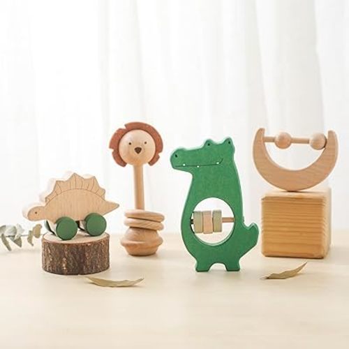 Wooden Baby Toys 4 Pcs Montessori Toys Set, Montessori Toys for Babies 0-6-12 Months, Wooden Baby Toys for 1 Year Old Boy Birthday Gift
