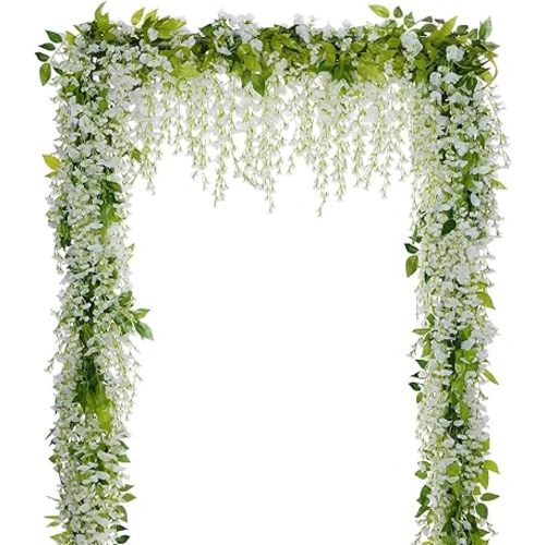 Lvydec Wisteria Artificial Flowers Garland, 4Pcs Total 28.8ft White Artificial Wisteria Vine Silk Hanging Flower for Home Garden Outdoor Ceremony Wedding Arch Floral Decor