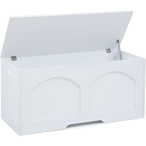 39.4" Storage Chest, Wooden Storage Bench, Storage Trunk, Upgraded Safety Lift Support Hinge, Large Entryway Bench Box, Supports 330 lb U-Shaped Opening for Entryway, Hallway, Living Room, White