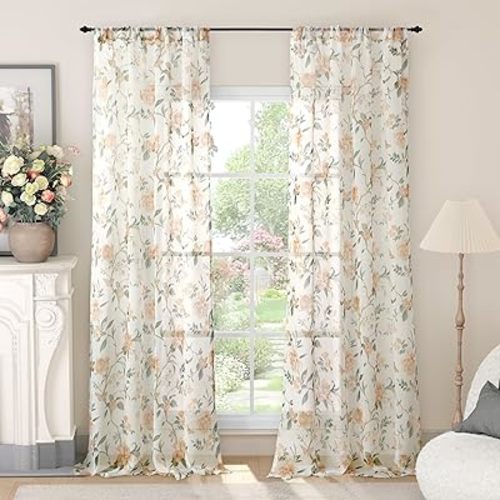 Floral Sheer Curtains for Living Room Window, Farmhouse Light Filtering Airy Breathable Semi Sheer Faux Linen Curtains for Bedroom 84 Inch Length 2 Panels, Champagne Beige Each 52 Inch Wide