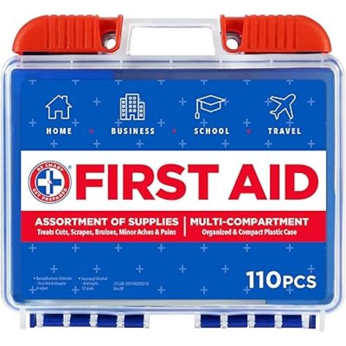 Be Smart Get Prepared 110 pc First Aid Kit: Clean, Treat, Protect Minor Cuts, Home, Office, Car, School, Business, Travel, Emergency, Outdoor, Camping & Sports, FSA/HSA (Packaging may vary)