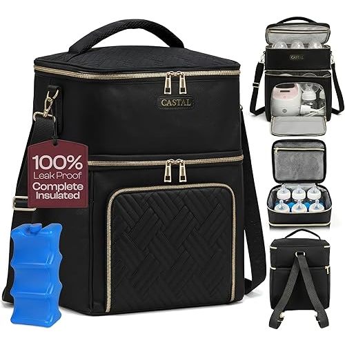 Castal Breast Pump Bag Spectra S1 S2–Insulated Spectra Pump Bag, Breastmilk Cooler Bag with Ice Pack–Leak-Proof Double Layer Breast Pump Travel Bag Holds 6 Milk Bottles with Elastic Strap–Black