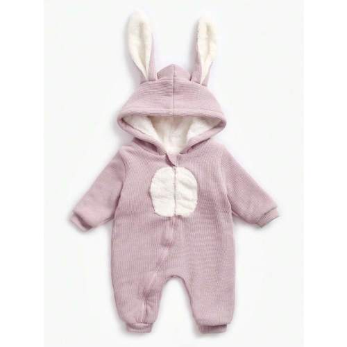 Baby Girls' Cute Solid Striped Warm Thickened Fleece Rabbit Ear Long Sleeve Jumpsuit Suitable For Parties & Performances In Fall/winter: 6-9 Months