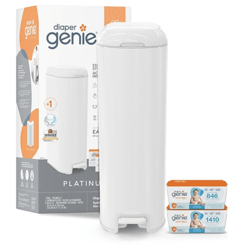 Diaper Genie Platinum Pail Gift Set, Lily White, Made of Durable Stainless Steel and Includes 2 Easy Roll Refills with 18 Bags and 30 Bags