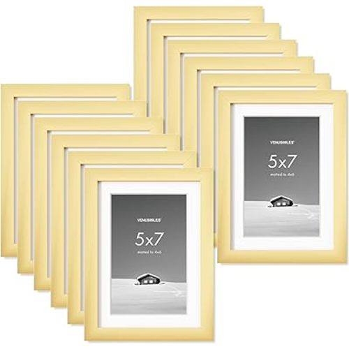 5x7 inch Picture Frame, 5x7 Photo Frames with 4x6 Removable Mat - High Definition Plexiglass - Vertical and Horizontal Display - Wall Hanging Frame - Gold, 12 Pack