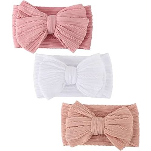 DRESHOW BQUBO Handmade Baby Headbands Soft & Stretchy Hair Bands with Bows Nylon Bows Hairbands for Girls Newborn Infant Toddlers Hair Accessories 3 pack
