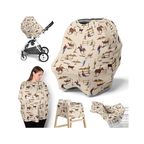 Sweet Jojo Designs Western Cowboy Boy Infant Baby Car Seat Cover Nursing Breastfeeding Shopping Cart Stroller Canopy - Tan Brown Red Southern Country Chocolate Blue and White Wild West Horse