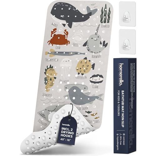 Bath Tub Mat Non Slip Anti Mold for Kids BPA Free INCL Hooks - homerella® Ocean Sea Animals 40x16, Baby Bath Mat Non Slip 200 Suction Cups, Non Toxic Machine Washable Toddler Bath Mat, EU Certified