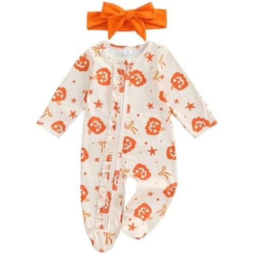 Kavousa Newborn Baby Girl Thanksgiving Outfit Turkey Bow Print Footed Romper Long Sleeve Ruffle Footed Jumpsuit Headband Set