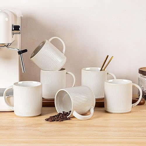 theterra Ceramic Coffee Mugs Set of 6, 14.2oz Handmade Coffee Cups with Handle for Latte, Tea, Milk, Beer, Hot Cocoa, Reactive White