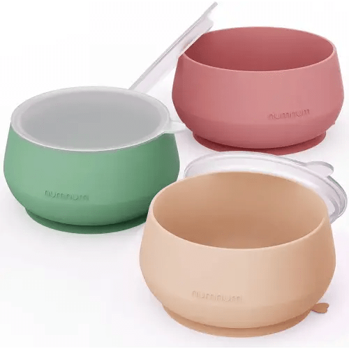 NumNum Suction Bowls for Babies & Toddlers, Extra Strong Non-Slip Suction, 100% Food-Grade Silicone, BPA-Free, Microwave & Dishwasher Safe, Baby-Led Weaning Bowl, 3-Pack With Lid, Beige/Green/Mauve
