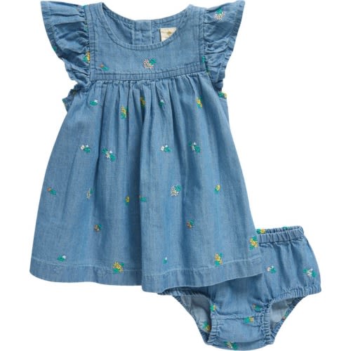 Baby Floral Embroidered Dress & Bloomers, 6M, Blue Wash Garden Embroidery