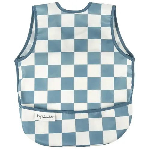 Tiny Twinkle Mess Proof Baby Bib Apron - Blue Checkers (Small 6-24 Months)