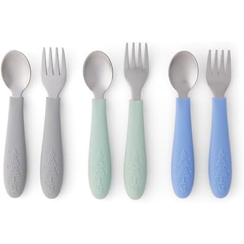 Elk and Friends Kids Silverware with Silicone Handle | Childrens Safe Flatware | Toddler Utensils | Baby Spoons + Forks | Stainless Steel Cutlery