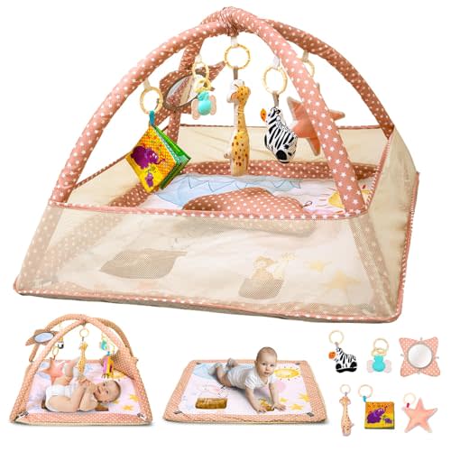 6-in-1 Baby Play Gym Activity Center, Portable Baby Activity Mat with 6 Removable Toys for Motor Skills & Sensory Development, Baby Tummy Time Play Mat for 0-18 Months, Easy Clean & Assemble (Brown)