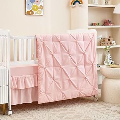 3-Piece Pink Crib Bedding Set for Girls - Ultra Soft & Skin Friendly Baby Girl Bedding Crib Set Includes Crib Comforter, Sheet & Skirt (Light Pink)
