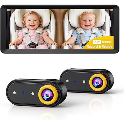 LUCKVIEW BM5 MAX Dual Baby Car Camera, 1080P HD with Record & Playback, 7.2” Split-Screen Display, Auto Night Vision, Easy Installation Rear-Facing Car Seat Camera for Baby