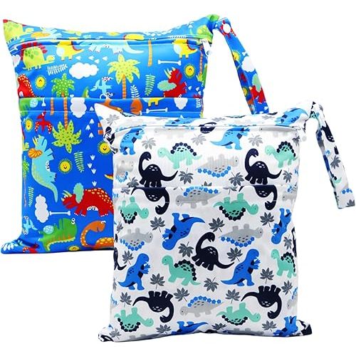 2pcs Cloth Diaper Wet Dry Bags Waterproof Reusable with Two Zippered Pockets Travel Beach Pool Daycare Soiled Baby Items Yoga Gym Bag for Swimsuits or Wet Clothes (DINOSAUR)