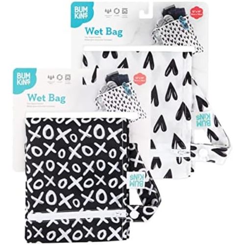 Bumkins Waterproof Wet Bag for Baby, Travel, Swim Suit, Cloth Diapers, Pump Parts, Pool, Gym, Toiletry, Strap to Stroller, Daycare, Zip Reusable Bag, Wetdry Packing Pouch, 2-pk Hearts and XOXO