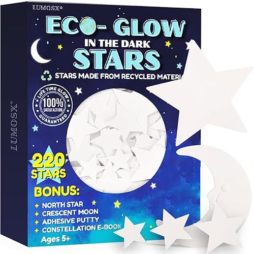 LUMOSX Glow in the Dark Stars for Ceiling – 220pcs Recycled Material Stars with North Star, Moon & Constellation E-Book for Kids' Room Decor