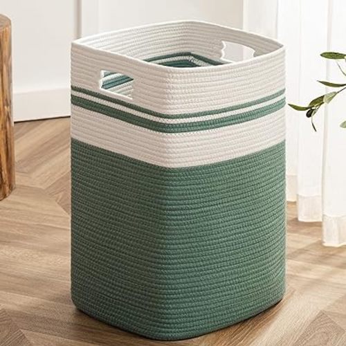 joybest Cotton Laundry Hamper, Large Woven Rope Basket with Handles for Living Room and Bedroom, Stylish Storage Basket for Clothes, Toys, and Blankets - 22x16x13 Inches Green