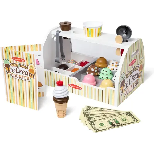 Melissa & Doug Wooden Scoop and Serve Ice Cream Counter (28 pcs) - Play Food and Accessories - Pretend Food Toys, Ice Cream Shop Toys For Kids Ages 3+
