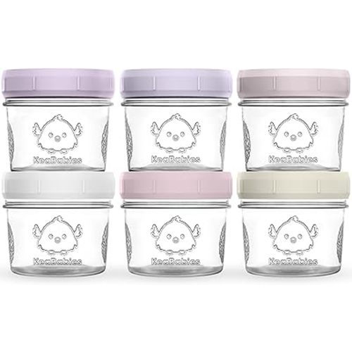 KeaBabies 6pk 4oz Glass Baby Food Containers with Lids - Leak-Proof, Microwavable Small Glass Jars, Baby Purees & Toddler Snack Storage Containers, BPA-Free, Dishwasher & Freezer Safe (Lilac)