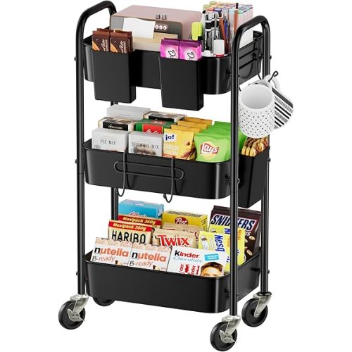 Simple Trending 3 Tier Metal Cart on Wheels, Heavy Duty Rolling Storage Cart with 3 Box and Hooks for Kitchen to Organize Books Snacks Tools, Black
