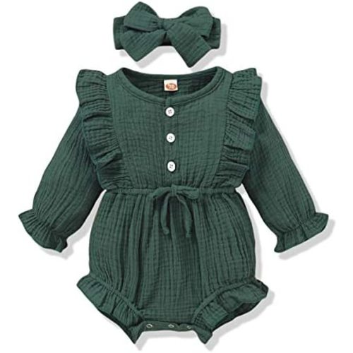 Renotemy Newborn Infant Baby Girl Clothes Cotton Linen Rompers Solid Ruffle Jumpsuits Infant Baby Clothes Girl