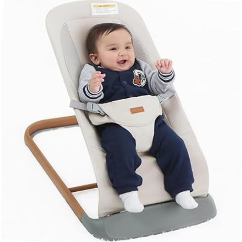AMKE CooCon Baby Bouncer,Ergonomic Bouncer Seat for Babies with 3 Recline Positions,Portable Newborn Bouncer Seat, Mesh Design Bouncers for Infants,Beige