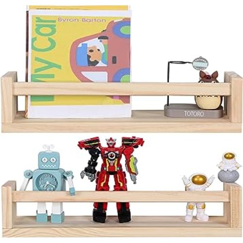 Nursery Room Shelves Set of 2, Wood Floating Book Shelves for Kids Room, Baby Book Shelf for Nursery, Kitchen Spice Rack (Natural Wood- 2 Pack)