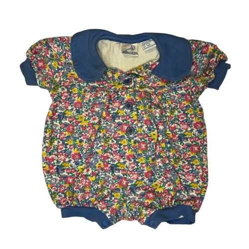 Vintage Baby Girl Short Blue Romper 3-6 Months Floral Print/Button Round Collar