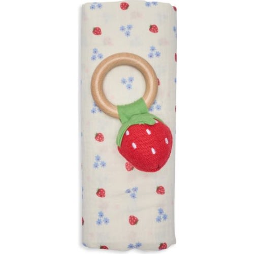 Strawberry Muslin Swaddle & Rattle Set